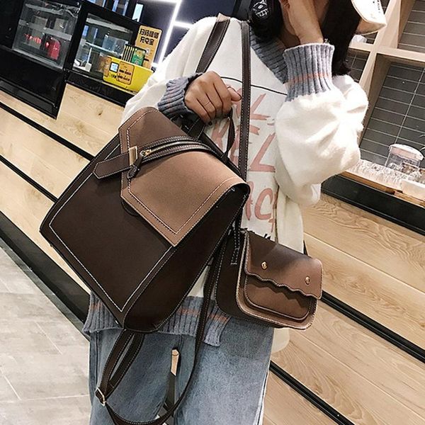 

outdoor bags pu leather backpack female fashion school girl brown retro
