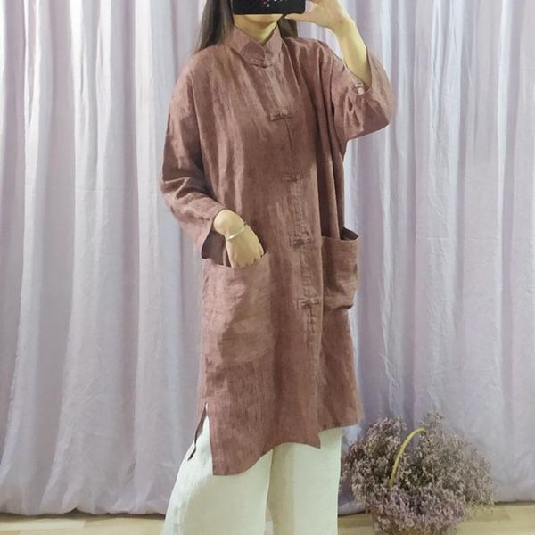 

women's trench coats women loose linen coat ladies vintage long female flax outerwear 2021 autumn, Tan;black