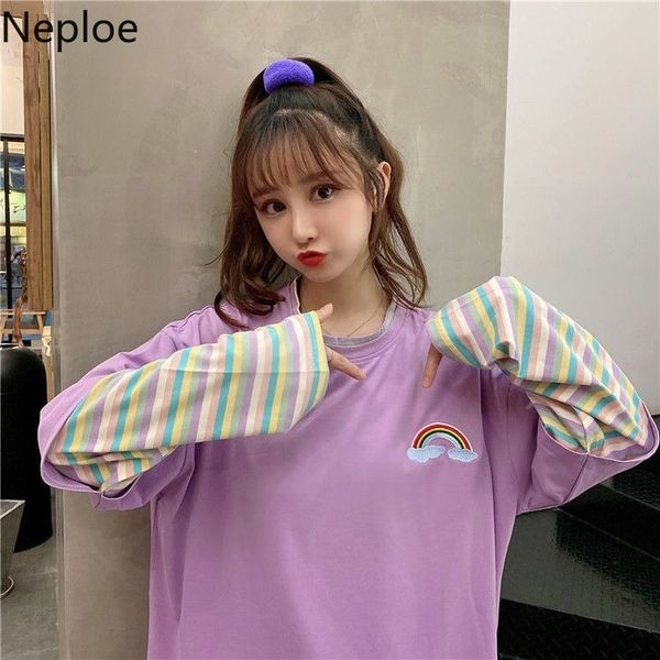 Neploe falsificador dois camisas retalhos bordados arco-íris listrado blusas mulheres tops de grandes dimensões streetwear moda coreana blusas femme 210422