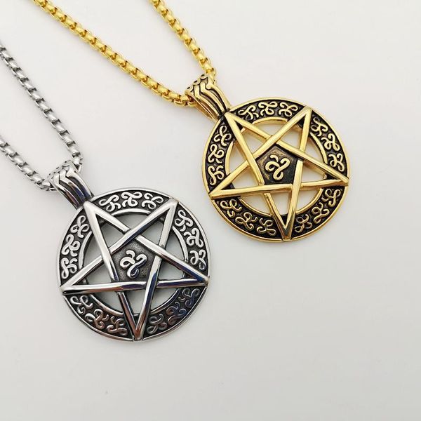 

punk pentacle five point star moon pentagram charm pendant vintage gold stainless steel men tribe necklace cagf0179 necklaces, Silver