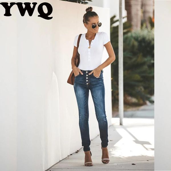 

women's jeans skinny for women slim button buttocks pencil feet pants high waist full length vintage street trousers, Blue