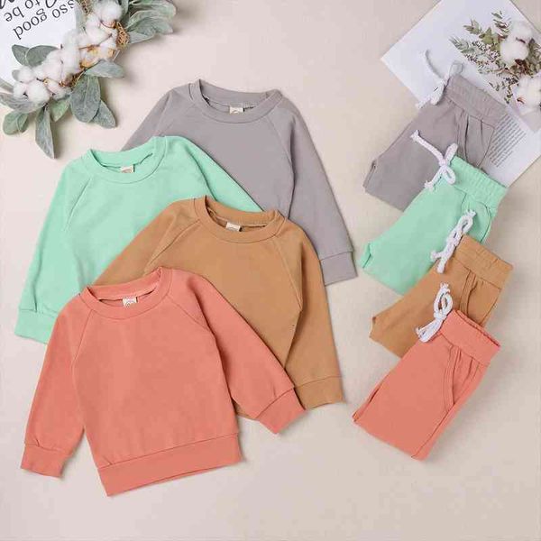 

0 4y autumn toddler baby girl boy clothing soft tracksuit 2pcs solid color long sleeve sweatshirt drawstring pants set, White