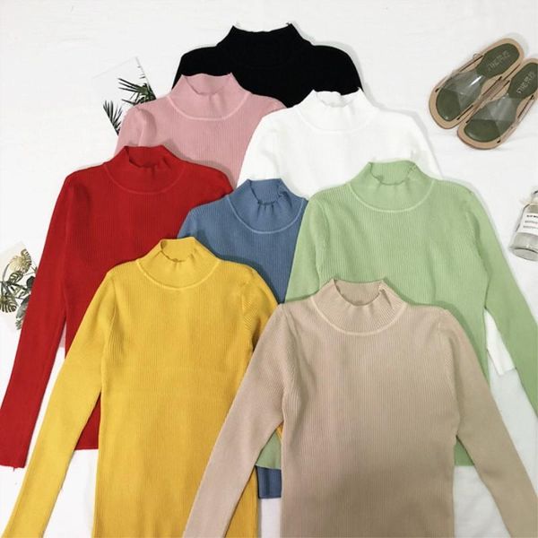 

women's sweaters 2021 autumn 9 colors knitted pullovers women high street slim fit stretch knitwear ladies solid o-neck cws0197-5, White;black