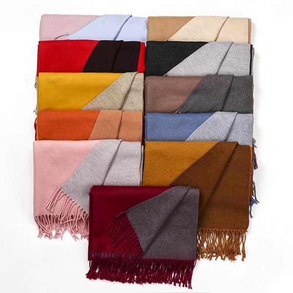 Теплый длинный и широкий шарф с кисточками Классические два цвета обратимые твердые ткани Пашмина
