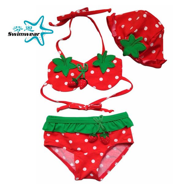 

girls' strawberry spring bikini split baby swimsuit with cap, Black;white