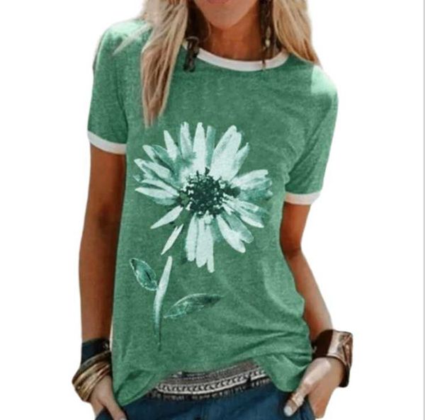 

women's summer european and american fashion loose floral pattern print round neck short sleeve t-shirttt-shirts size t-shirt, White