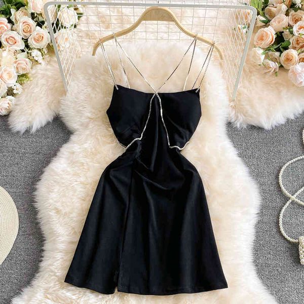 

two piece dress spaghetti strap mini 2021 women summer korean sleeveless open back high waist a-line night out clu, White