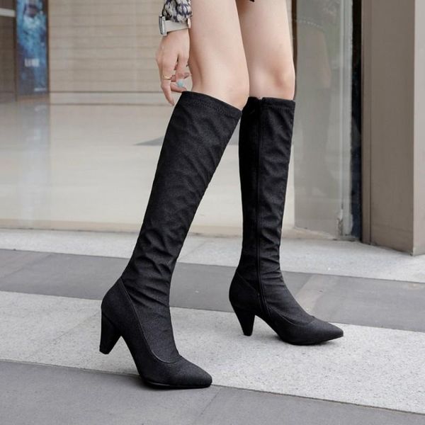 

boots high heel knee-high for women pointed toe warm winter ladies black silver spike heels western long
