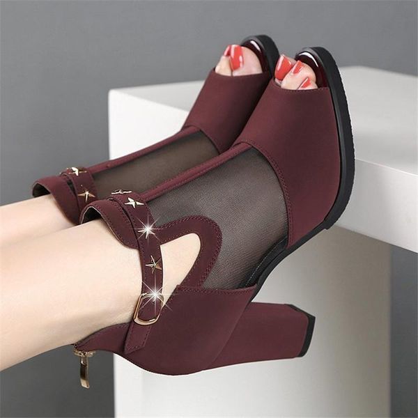 

sandals breathable mesh high heels women summer shoes fashion metal decoration square heel zipper female, Black