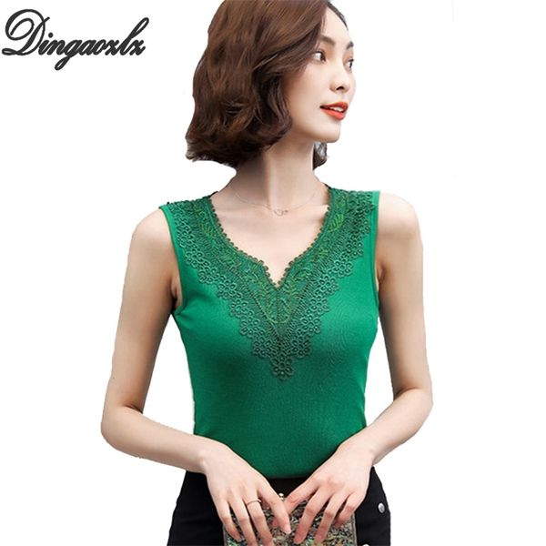 

dingaozlz s-4xl fashion knitted lace blouse plus size women summer v neck casual sleeveless shirt 210517, White