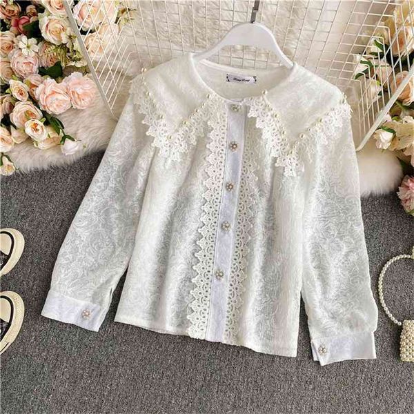 

women autumn blouse retro japan korean style sweet peter pan collar lace single breast shirt loose female blusa gx1092 210507, White