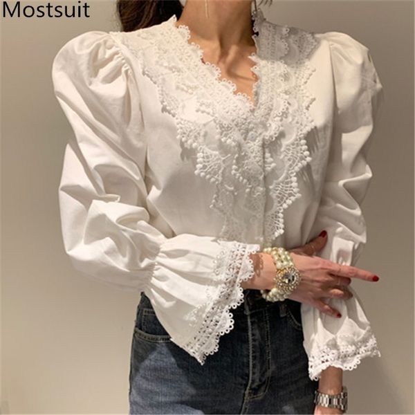 

spring korean lace shirts blouses women flare sleeve v-neck solid fashion elegant office pullover femme 210518, White