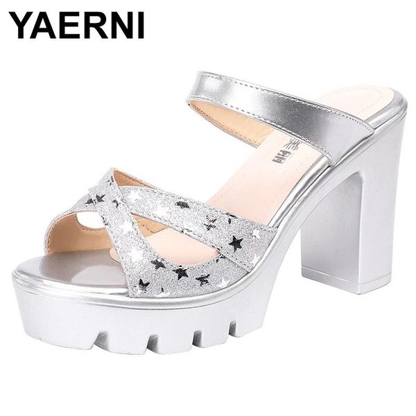 

slippers yaerniwomen sequined shining tiny star pattern waterproof platform sandals summer antiskid sole thick heel high, Black