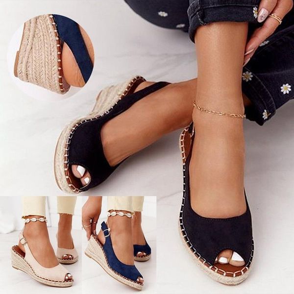 

sandals 2021 summer fish mouth women's heels pu leather peep toe buckle platform wedge for ladies casual shoes female, Black