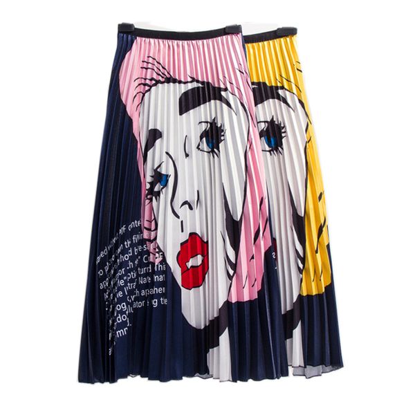 

pink yellow elastic waist high street character avatar letter print empire ruched a line midi skirt s0257 210514, Black