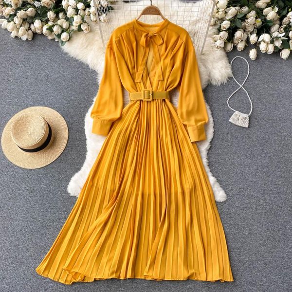 

spring autumn women pleated chiffon long dress female elegant bow collar draped high waist big swing beach vestidos new fashion 2022, Black;gray