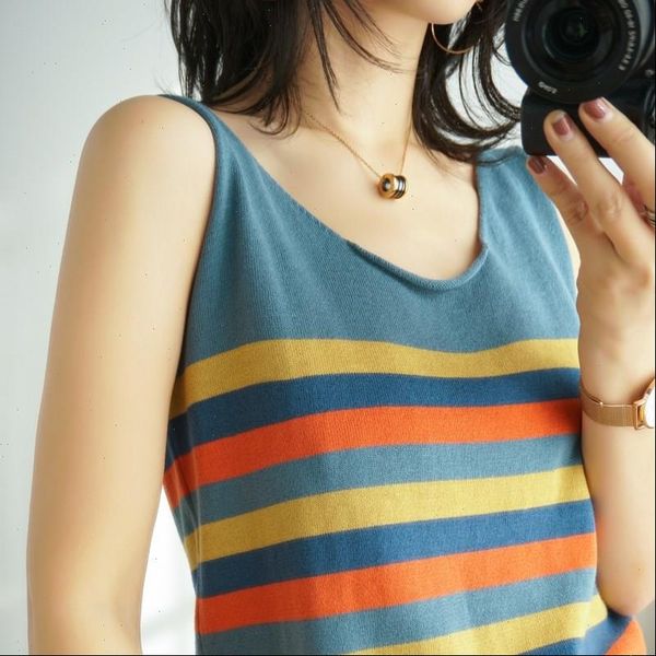 

cotton t shirt base womens camis wild short paragraph loose striped sweater vest female summer outerwear pullover, White