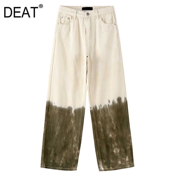 

[deat] spring summer fashion wide leg pants high waist splicing tie dye loose fit casual women jeans 13q306 210527, Blue