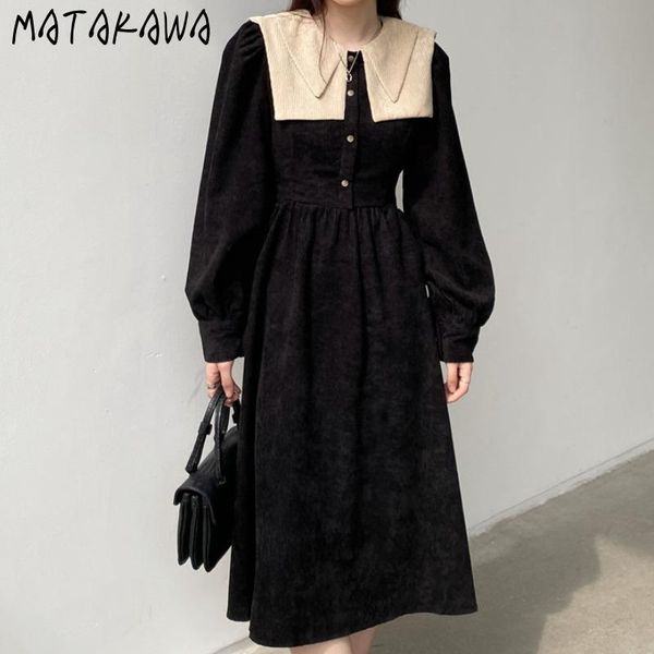 

casual dresses matakawa women autumn vintage large lapel slim waist lace up elegant long sleeve woman dress corduroy pullover vestidos, Black;gray