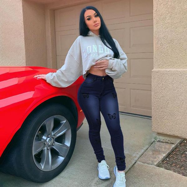 

women's jeans fashion urban printed high waist slim pants pencil, Blue