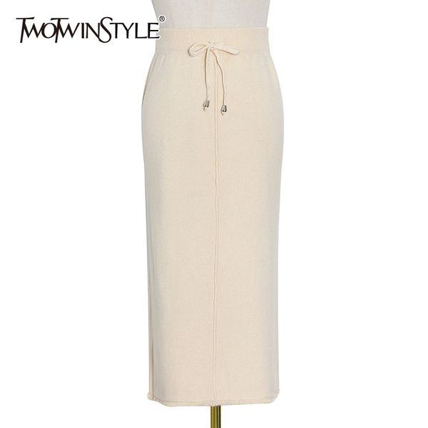 

twotwinstyle lace up solid skirt for women high waist minimalist slim knitted midi skirts female fashion clothing 210517, Black