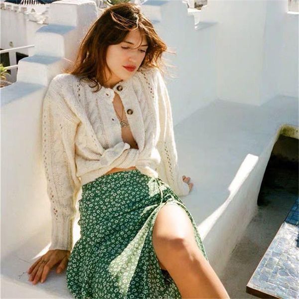 

women's knits & tees rou retro classic hollow crochet single-breasted knitted cardigan sweater coat, White