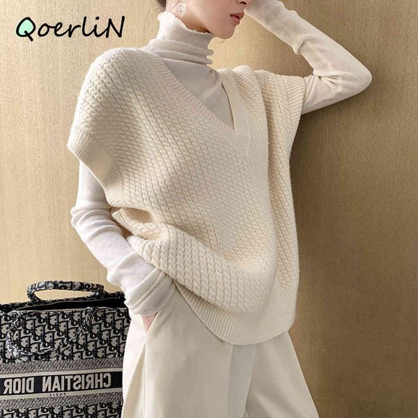 

knits sweater waistcoat jumper autumn winter women sweaters pullovers sleeveless vest knit vintage v-neck oversize knitwear, White