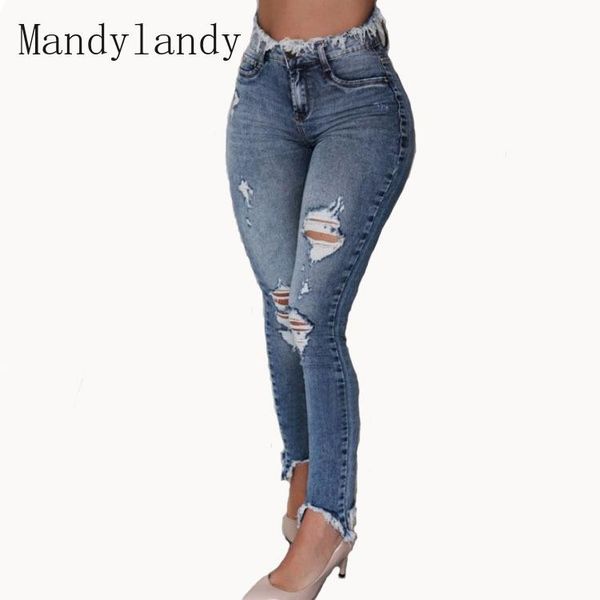 

mandylandy women's fashion hole jeans autumn casual high waist ripped tassel denim pencil pants, Blue