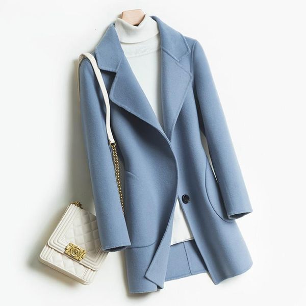 

women 2021 autumn winter cashmere wool coat female elegant turn-down collar woolen jacket warm overcoat casaco feminino s335 women's &, Black