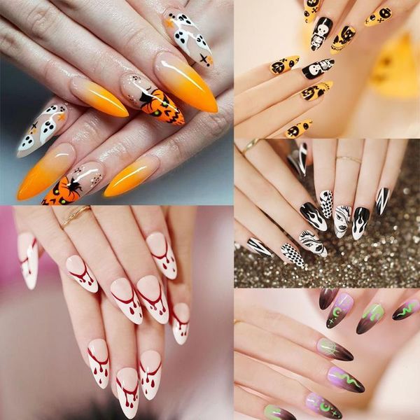 

false nails 24pcs/box halloween style detachable manicure tool artificial full cover wearable stiletto nail tip fake, Red;gold