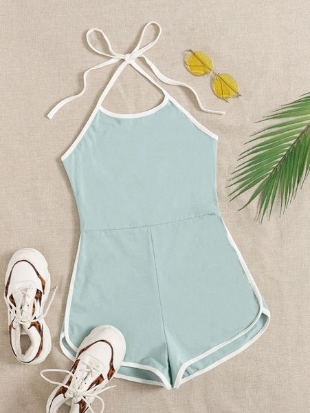 

contrast binding halter romper l52u#, White