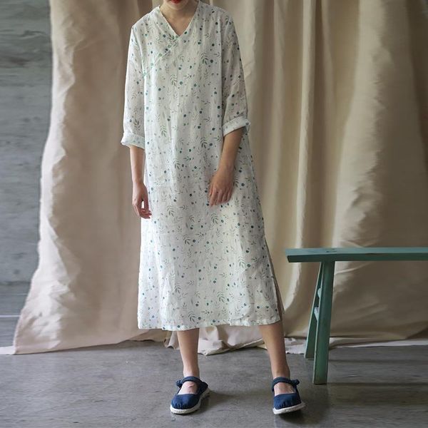 

casual dresses johnature vintage print a-line summer dress regular full sleeve mid-calf v-neck chinese style linen women, Black;gray