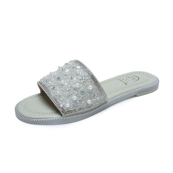 

slippers casual women's fashion simple shoe upper pearl embellishment trend open-toed flat-bottom, Black