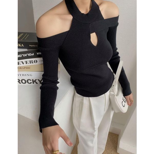 

women's sweaters black hollow out halter sweater women off shoulder streetwear knitted slim chic female knitwear 2021 autumn winter, White;black