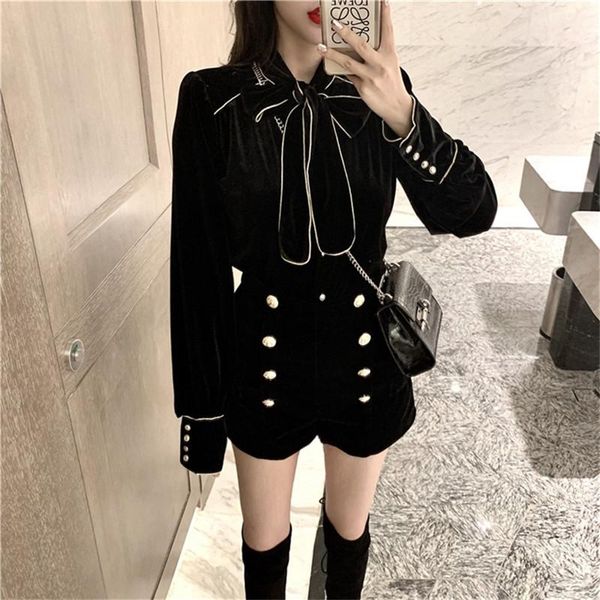 

two piece dress women elegant black pants sets 2021 fashion long sleeve bowtie velvet shirt&high waist shorts suits 2 ol chic, White