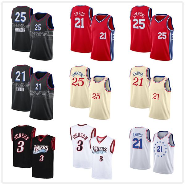 

joel 21 embiid jersey philadelphia 76ers jerseys ben 25 simmons jersey allen 3 iverson basketball jerseys, Black;red