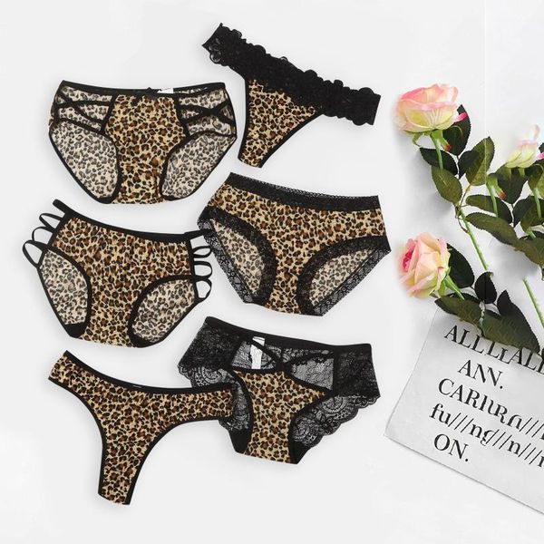 

6pc panties leopard print underwear lace breathable soft lingerie female briefs panty transparent women underpants#15 women's, Black;pink
