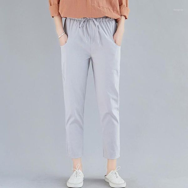 

women's pants & capris 2021 summer women clothing casual harem korean elastic waist nine points cotton linen plus size trousers, Black;white