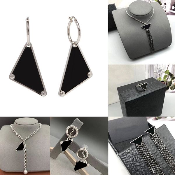 

luxury triangle letter necklace earrings super cool girl triangles jewelry sets metal chain hip hop ring punk style tassel eardrop with stam, Black