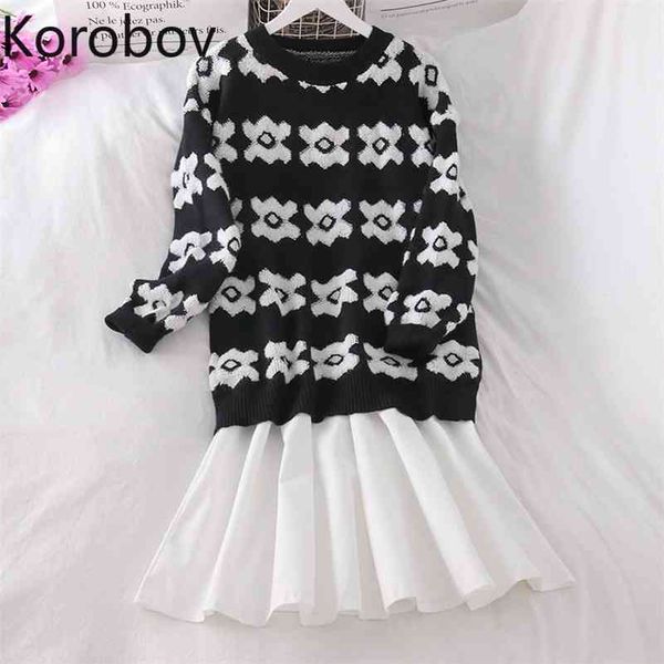 

korobov women korean 2 pieces sets o neck long sleeve flower sweaters and high waist solid a-line skirts female outfits set 210430, White