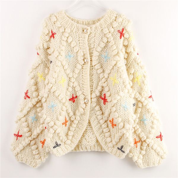 

knits beige oversized thick autumn winter hairball floral crochet vintage cardigan knitted overcoat, White