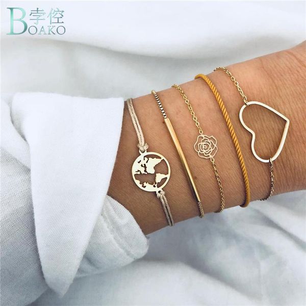 

link, chain boako 5pcs/set bohemian bracelets women fashion 2021 heart map world travel boho bracelet jewelry erkek kolye, Black