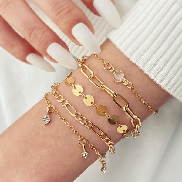 

5pcs/set geometric simple gold bracelets set for women charm crystal exaggerated female hollow wrist jewelry gifts link, chain, Black