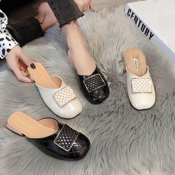 

slippers women mules shoes for 2021 fall low heels designer slides woman ladies casual outdoor winter fur, Black