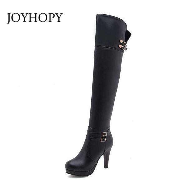 

boots winter high heels over the knee women pu leather buckle long tube thin leg shoes woman snow wb1502, Black
