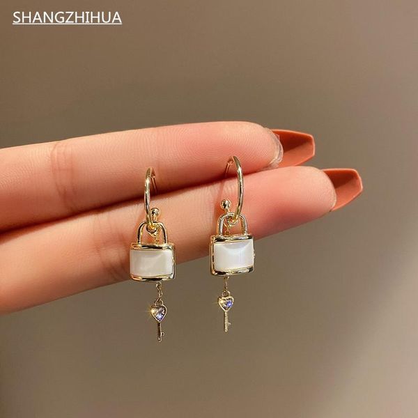 

dangle & chandelier korean classic key lock pendant luxury opal earrings for women interesting unusual jewelry accessories, Silver