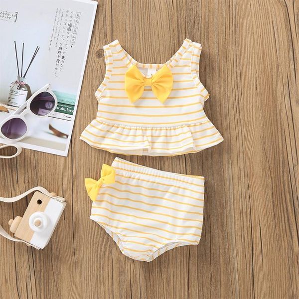 

one-pieces baby kids girl bow swimsuit striped bathing suit bikini 2pc set swimwear beach wear for girls, Black