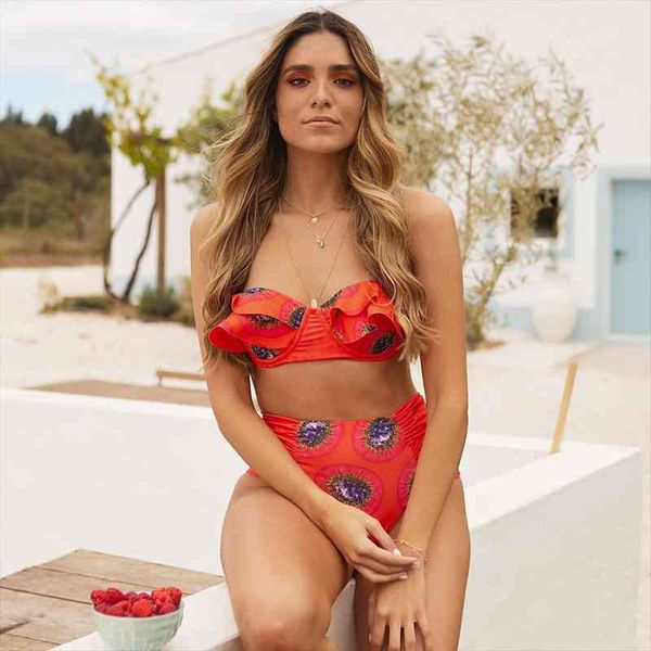 

bikinis women swimsuit double ruffle swimwear bandeau beachwear bathing suits high waist biquini female, White;black