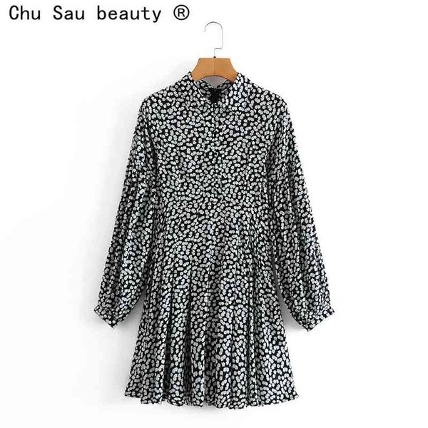 

spring autumn fashion vintage office ladies slim lapel floral lantern long sleeve pleated mini dress for woman 210508, Black;gray