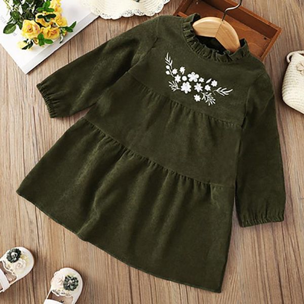 

girl's dresses 2021 spring autumn children dress long sleeve corduroy embroidery flower princess solid color kids clothes girls, Red;yellow